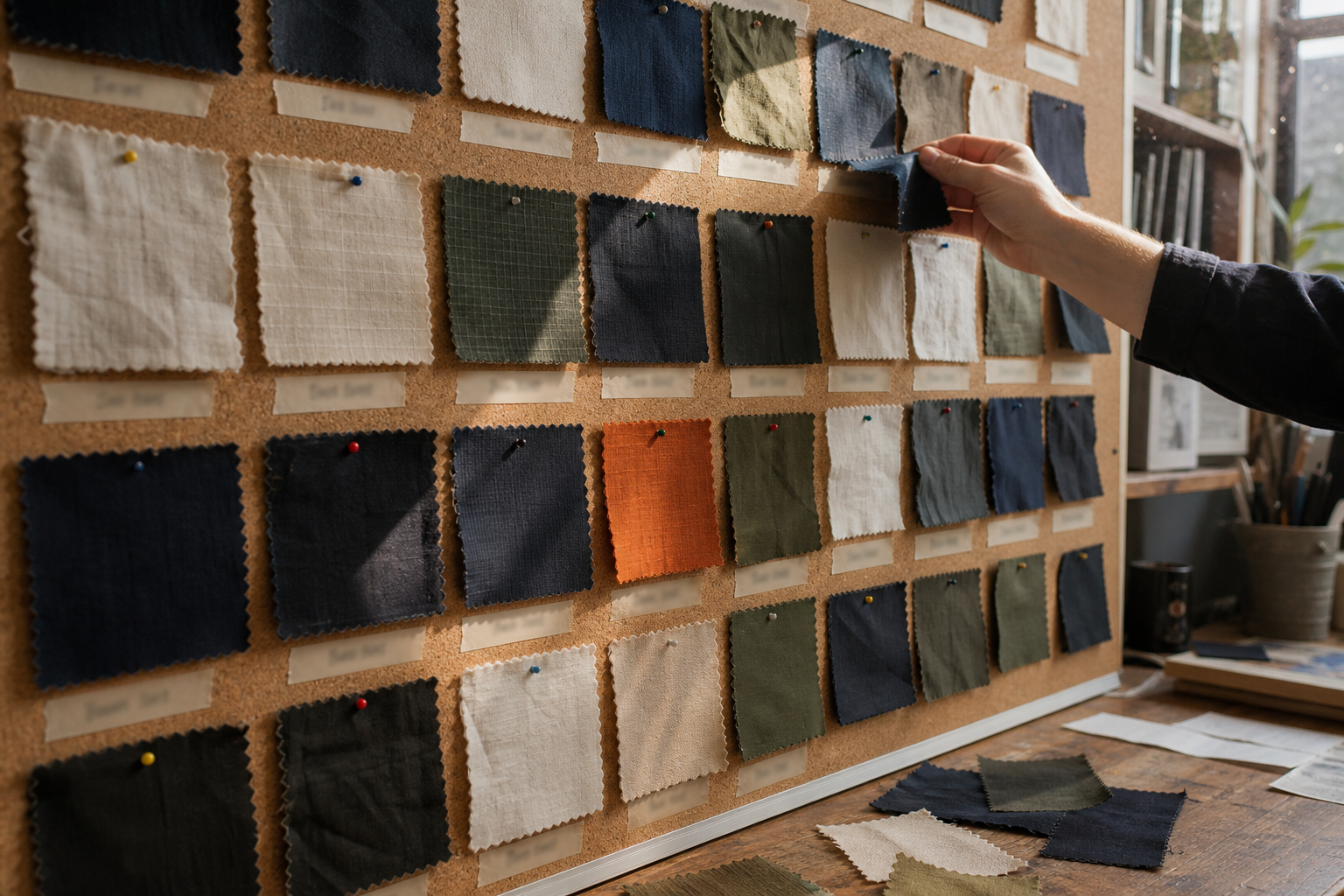 Fabric swatch wall: dozens of pinned swatches, hand reaching to pin a new one, dust in a beam of light