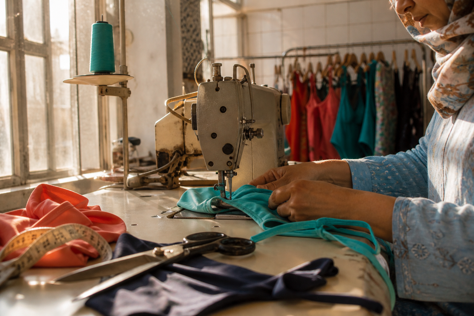 Moroccan atelier, hands sewing swimwear