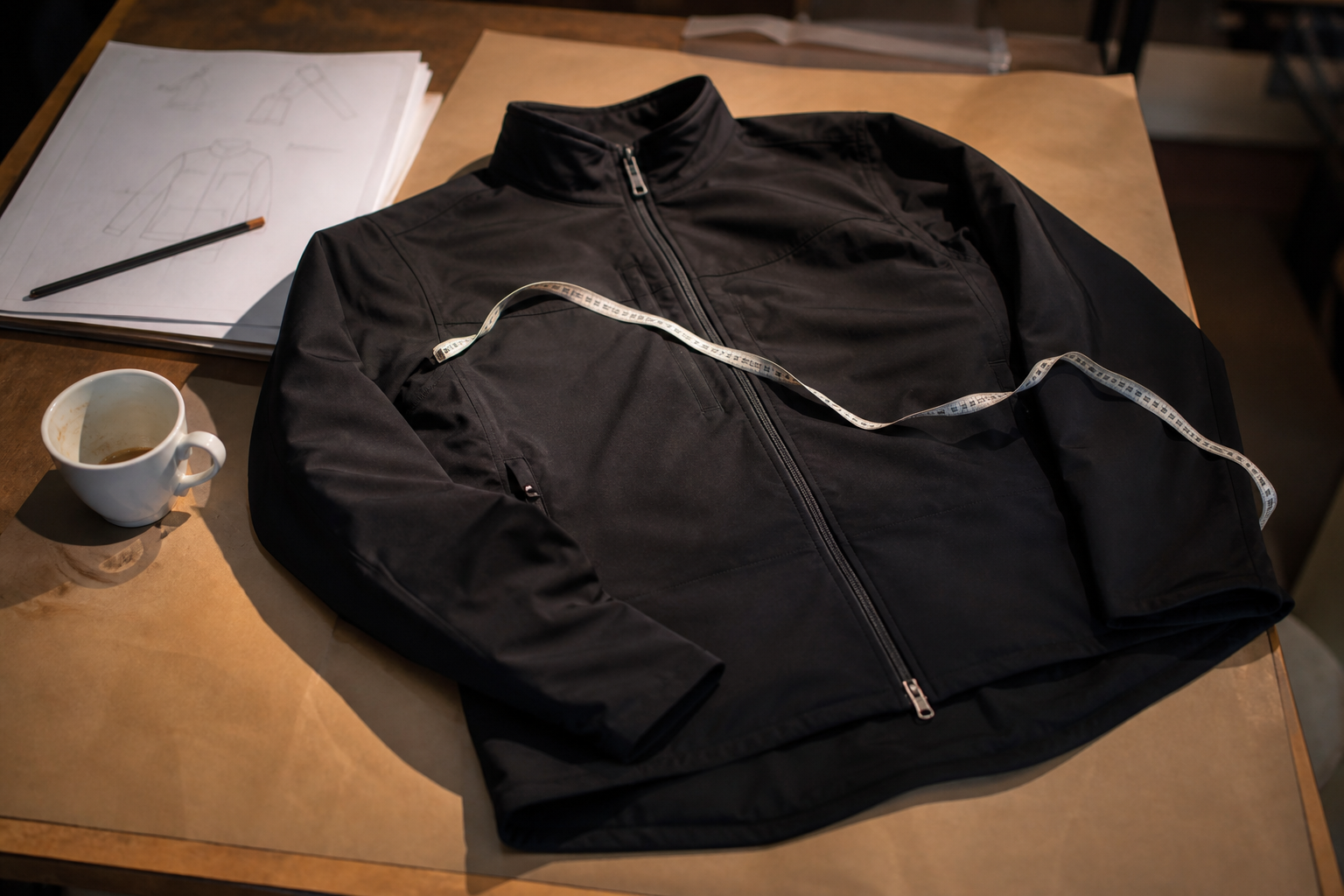 Finished black jacket on kraft paper with measuring tape and tech pack pages