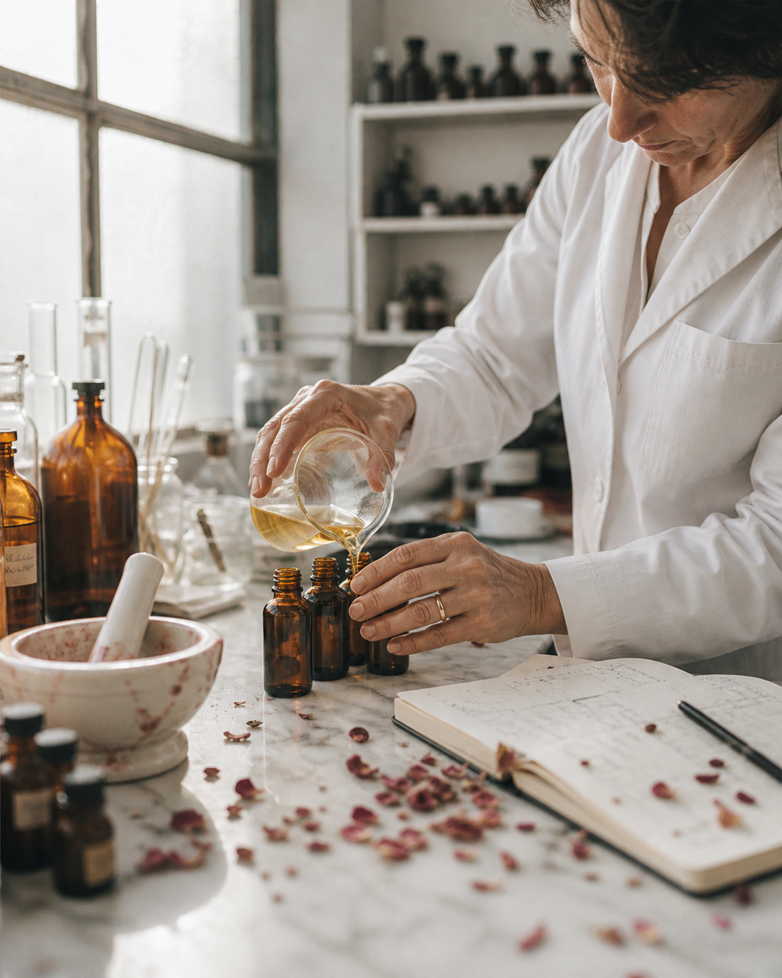 Cosmetics formulator pouring serum into amber bottles