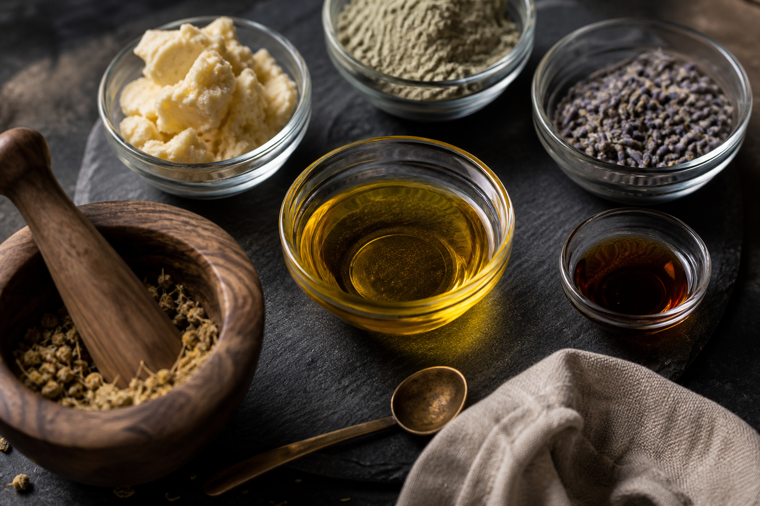 Natural cosmetic ingredients on dark slate: argan oil, shea butter, green clay, lavender buds, essential oil, mortar and pestle