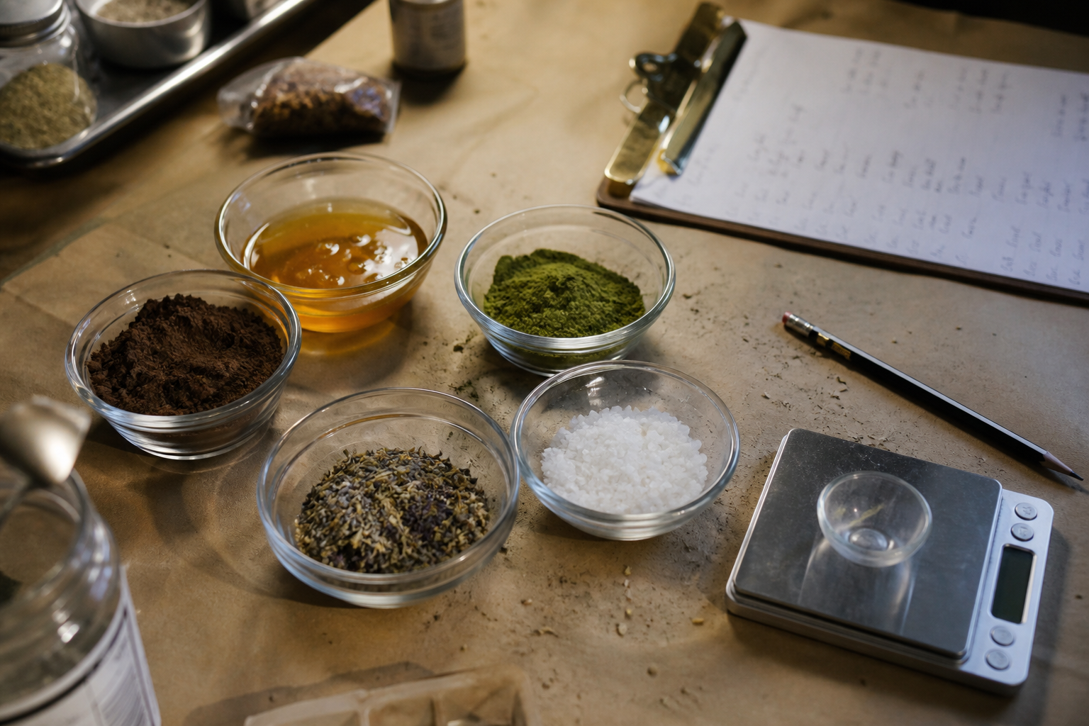 Recipe development table: glass bowls with honey, cocoa, matcha, herbs, salt, a precision scale, clipboard