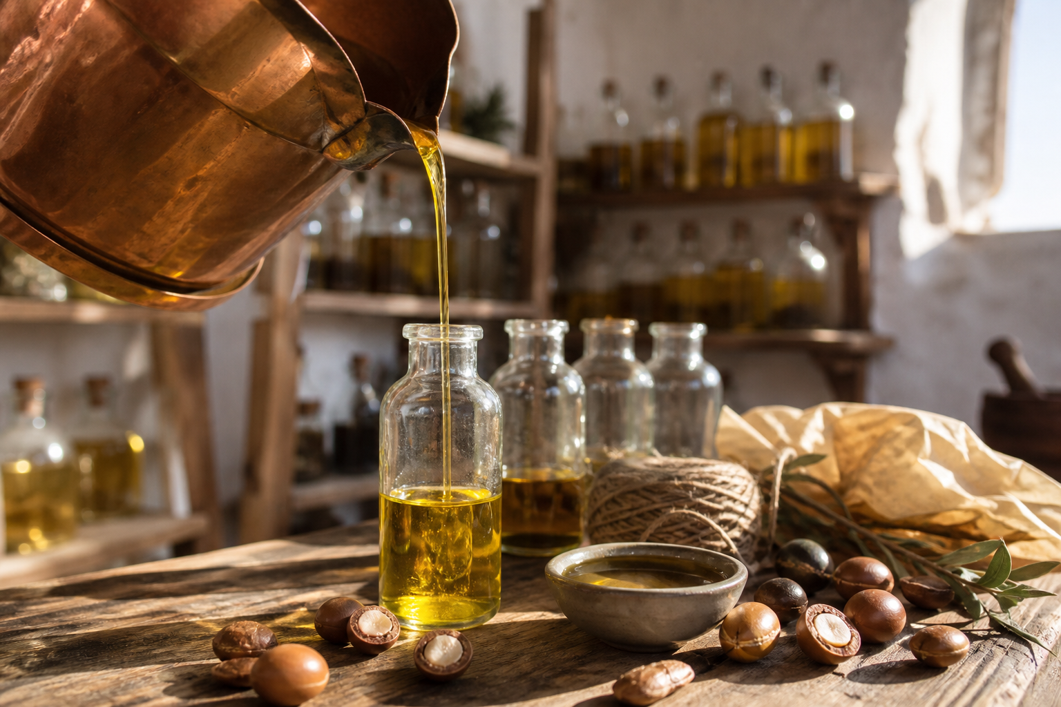 Moroccan argan oil being poured into glass bottles